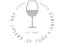 Logo mit Weinglas und Schriftzug For Lovers of Food & Drinks.